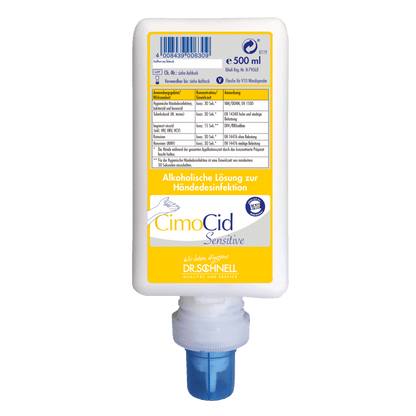 Biała butelka 500 ml Dr. Schnell CIMOCID SENSITIVE do dezynfekcji rąk firmy DR.SCHNELL GmbH & Co. KGaA, z niebieską zakrętką i żółto-niebieską etykietą w języku niemieckim. Delikatna dla skóry, odpowiednia do skutecznej redukcji zarazków.