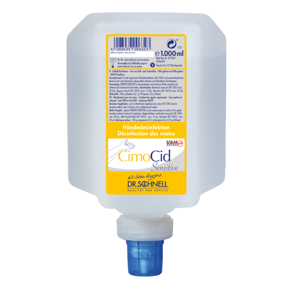 Butelka 1000 ml Dr. Schnell CIMOCID SENSITIVE do dezynfekcji rąk firmy DR.SCHNELL GmbH & Co. KGaA ma kwadratowy design z zakrętką na spodzie i żółto-białą etykietą, która podkreśla delikatną i skuteczną formułę higieniczną.