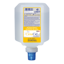 Eine 1000 ml Dr. Schnell CIMOCID SENSITIVE Händedesinfektion Flasche der DR.SCHNELL GmbH & Co. KGaA zeigt sich im quadratischen Design mit Schraubverschluss am Boden und gelb-weißem Etikett, das die sanfte und wirksame Hygieneformel hervorhebt.