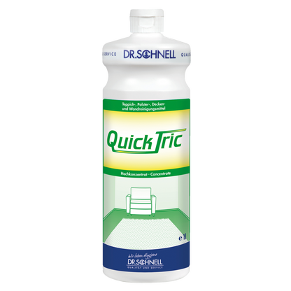 Eine weiße 1-Liter-Flasche Dr. Schnell QUICK TRIC der DR.SCHNELL GmbH & Co. KGaA, mit einem grün-gelben Etikett, das einen Stuhl in einem Raum mit grünem Teppichboden zeigt, blauer Schrift und weißem Verschluss - perfekt für die professionelle Reinigung.