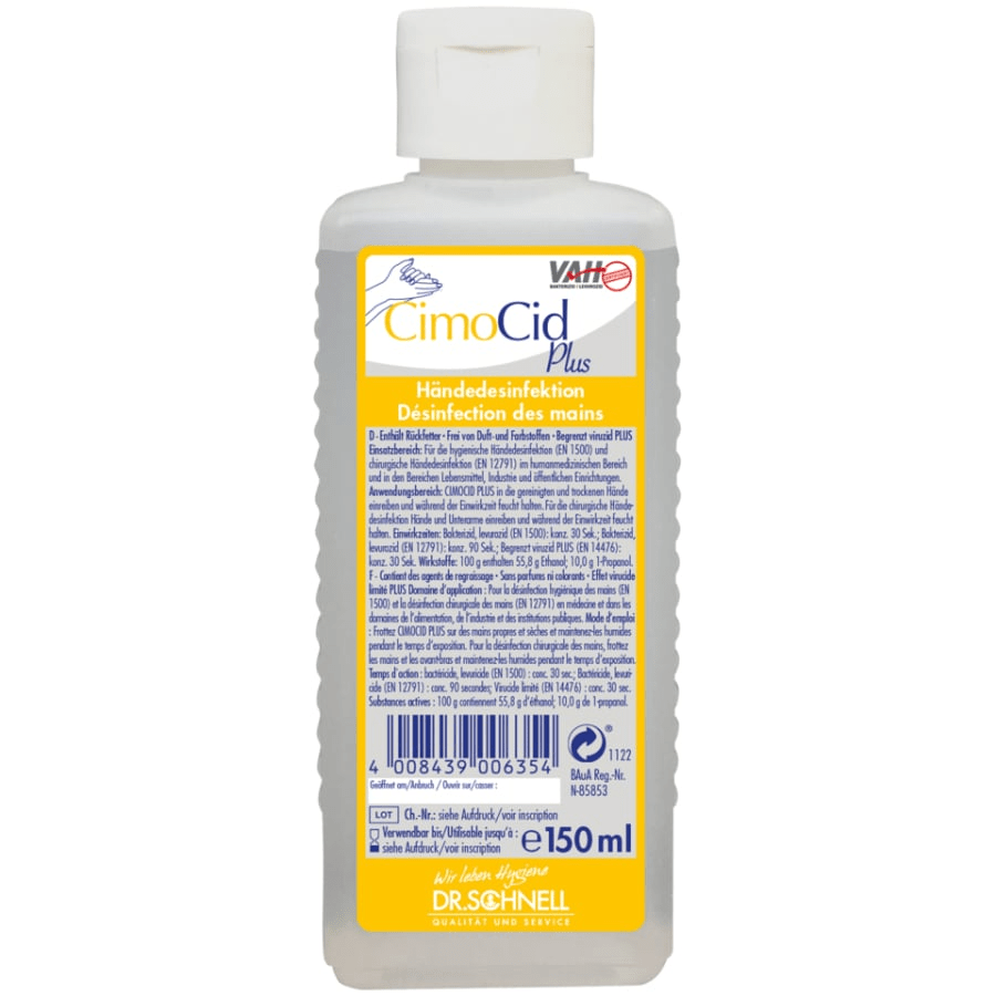 Butelka o pojemności 150 ml Dr. Schnell CIMOCID PLUS do dezynfekcji rąk firmy DR.SCHNELL GmbH & Co. KGaA, z białym zamknięciem i żółto-białą etykietą z niemieckimi i francuskimi informacjami oraz niebieskim i pomarańczowym tekstem.