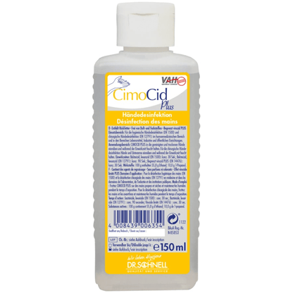 Butelka o pojemności 150 ml Dr. Schnell CIMOCID PLUS do dezynfekcji rąk firmy DR.SCHNELL GmbH & Co. KGaA, z białym zamknięciem i żółto-białą etykietą z niemieckimi i francuskimi informacjami oraz niebieskim i pomarańczowym tekstem.