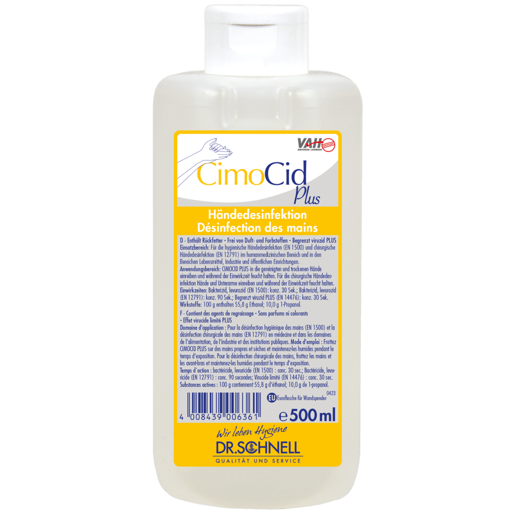 Butelka o pojemności 500 ml Dr. Schnell CIMOCID PLUS do dezynfekcji rąk firmy DR.SCHNELL GmbH & Co. KGaA z białym zamknięciem typu flip-top; etykieta zawiera niemieckie i francuskie informacje o produkcie, instrukcje użytkowania oraz informacje o bezpieczeństwie.