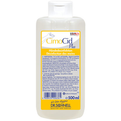 Butelka o pojemności 500 ml Dr. Schnell CIMOCID PLUS do dezynfekcji rąk firmy DR.SCHNELL GmbH & Co. KGaA z białym zamknięciem typu flip-top; etykieta zawiera niemieckie i francuskie informacje o produkcie, instrukcje użytkowania oraz informacje o bezpieczeństwie.