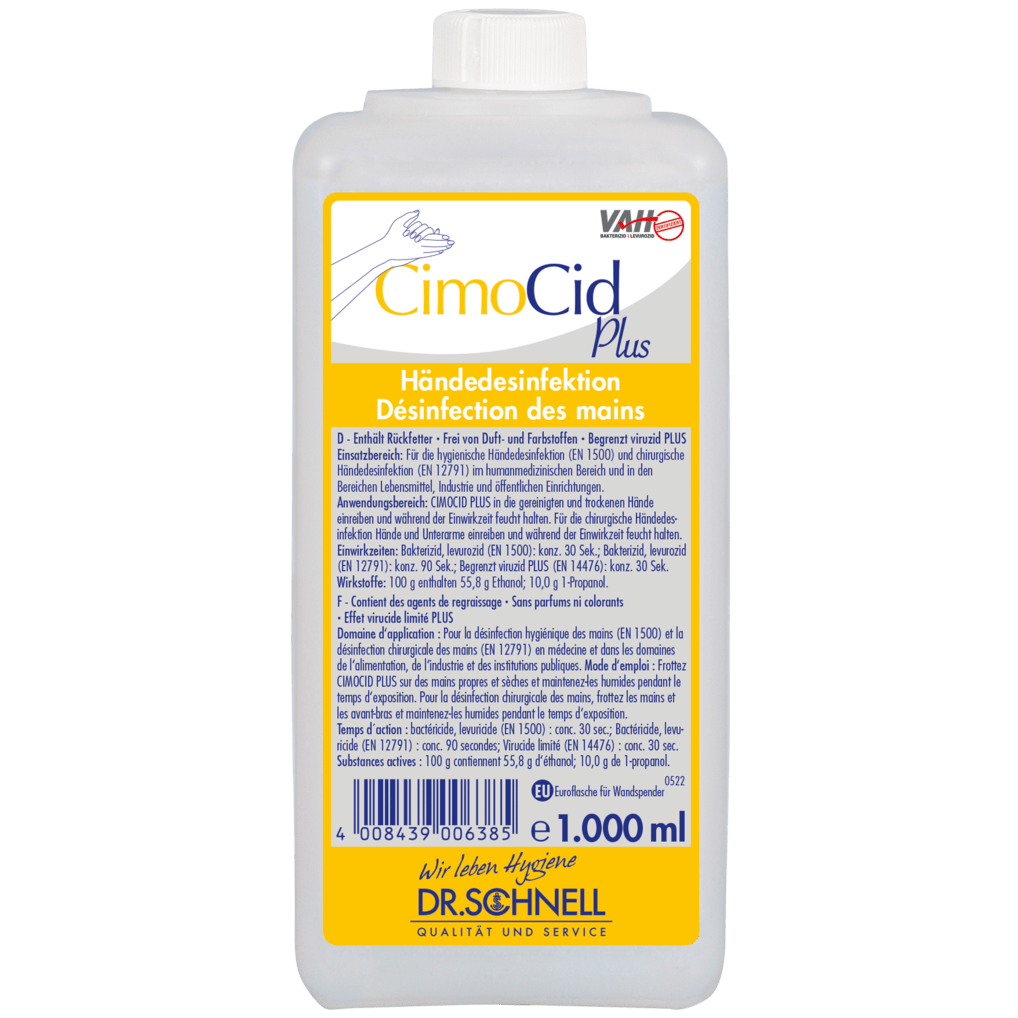 Butelka o pojemności 1.000 ml Dr. Schnell CIMOCID PLUS do dezynfekcji rąk firmy DR.SCHNELL GmbH & Co. KGaA z białą nakrętką i żółto-niebieską etykietą z informacjami o produkcie w języku niemieckim i francuskim.