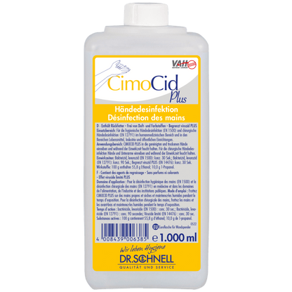 Butelka o pojemności 1.000 ml Dr. Schnell CIMOCID PLUS do dezynfekcji rąk firmy DR.SCHNELL GmbH & Co. KGaA z białą nakrętką i żółto-niebieską etykietą z informacjami o produkcie w języku niemieckim i francuskim.