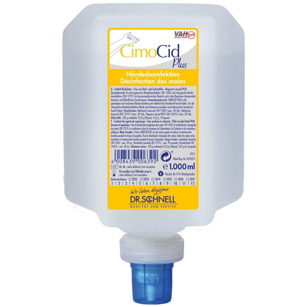 Pojemnik o pojemności 1000 ml Dr. Schnell CIMOCID PLUS do dezynfekcji rąk firmy DR.SCHNELL GmbH & Co. KGaA, z niebieskim dozownikiem i żółto-białą etykietą z informacjami w języku niemieckim i francuskim.