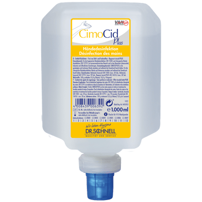 Pojemnik o pojemności 1000 ml Dr. Schnell CIMOCID PLUS do dezynfekcji rąk firmy DR.SCHNELL GmbH & Co. KGaA, z niebieskim dozownikiem i żółto-białą etykietą z informacjami w języku niemieckim i francuskim.