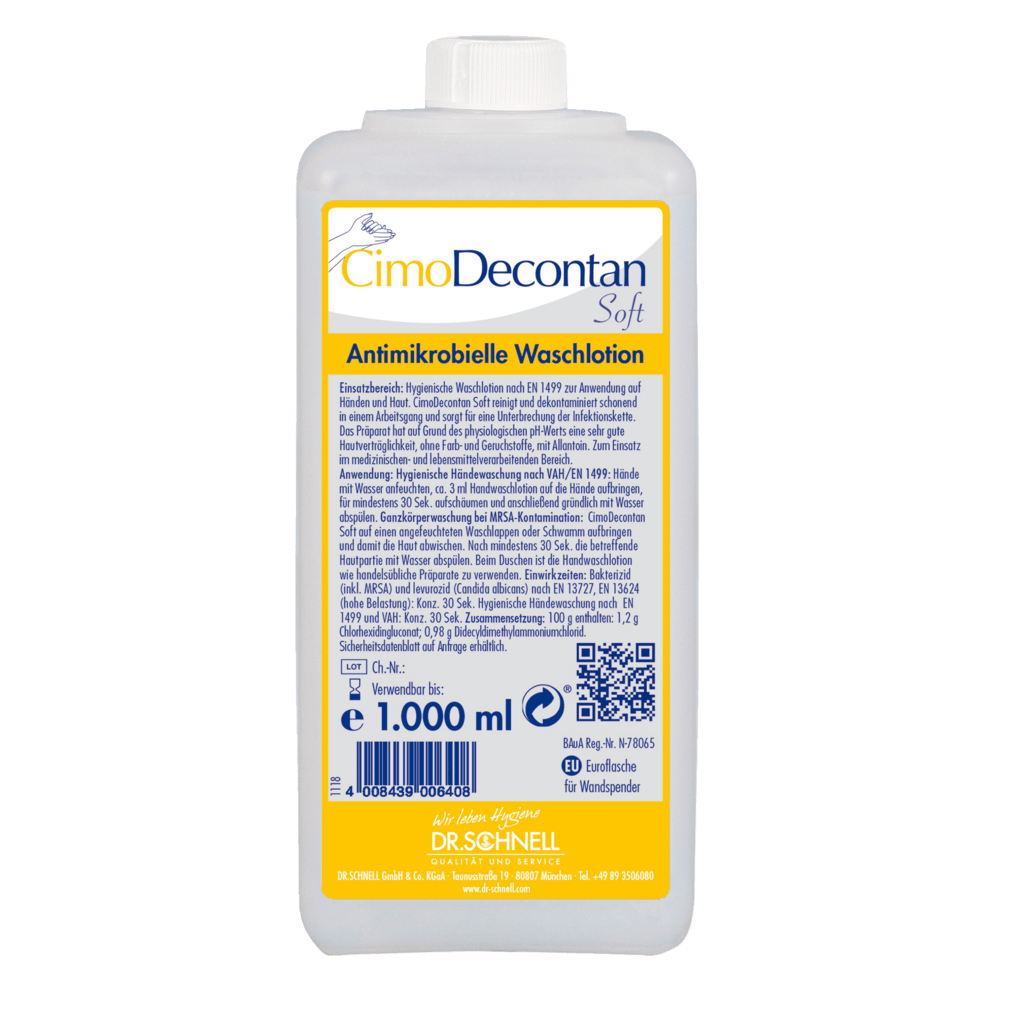 Butelka 1.000 ml Dr. Schnell CIMODECONTAN SOFT Antimikrobialnego Płynu Myjącego od DR.SCHNELL GmbH & Co. KGaA, z żółto-niebieską etykietą i niemiecką instrukcją do higienicznego czyszczenia skóry i rąk.