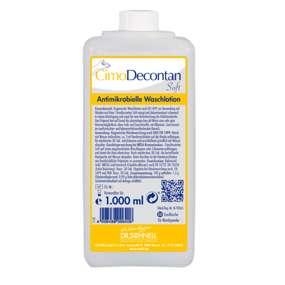 Butelka 1.000 ml Dr. Schnell CIMODECONTAN SOFT Antimikrobialnego Płynu Myjącego od DR.SCHNELL GmbH & Co. KGaA, z żółto-niebieską etykietą i niemiecką instrukcją do higienicznego czyszczenia skóry i rąk.