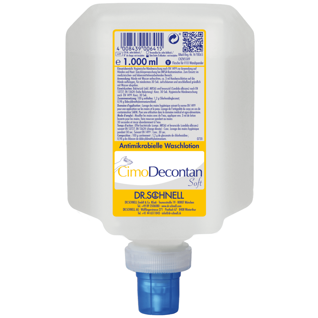 1000 ml plastikowy dozownik Dr. Schnell CIMODECONTAN SOFT Antimikrobialnego Płynu Myjącego firmy DR.SCHNELL GmbH & Co. KGaA, z żółto-białą etykietą i niebieską nakrętką, do higienicznego mycia skóry i rąk.