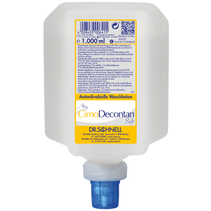 1000 ml plastikowy dozownik Dr. Schnell CIMODECONTAN SOFT Antimikrobialnego Płynu Myjącego firmy DR.SCHNELL GmbH & Co. KGaA, z żółto-białą etykietą i niebieską nakrętką, do higienicznego mycia skóry i rąk.