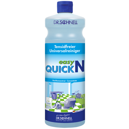 Eine Flasche Dr. Schnell EASY QUICK von DR.SCHNELL GmbH & Co. KGaA hat einen blauen Verschluss und ein deutsches Etikett mit Reinigungsgeräten und -flächen, das zeigt, dass es sich um ein konzentriertes, vielseitiges Reinigungsmittel für den professionellen Einsatz handelt.