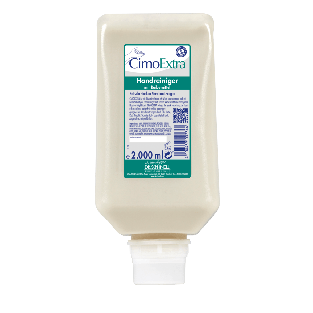2000 ml opakowanie uzupełniające Dr. Schnell CIMOEXTRA do czyszczenia skóry w butelkach dozujących DR.SCHNELL GmbH & Co. KGaA, z białym zamknięciem i zielono-białą etykietą, idealne do delikatnego mycia rąk w systemach butelek dozujących.