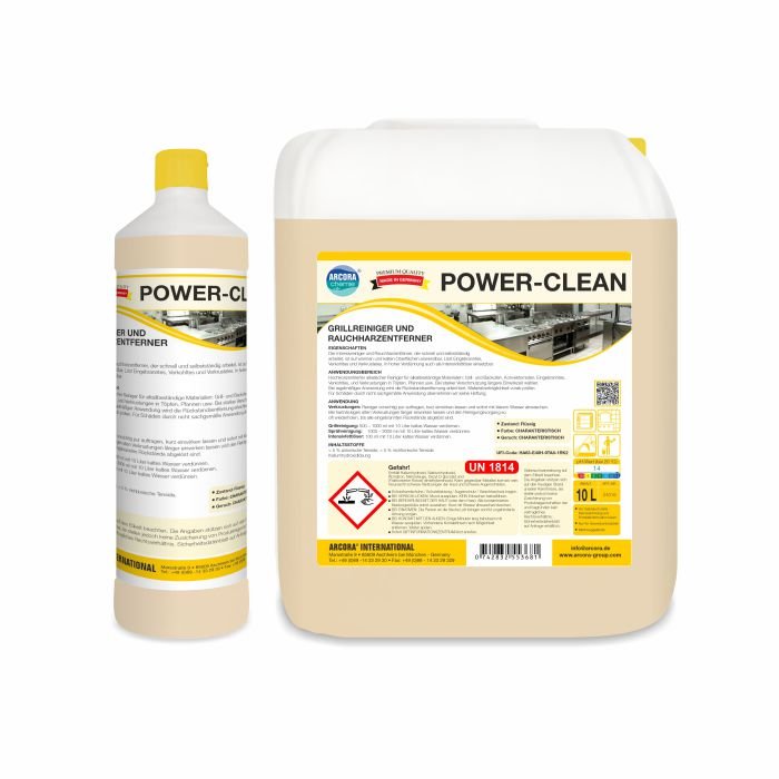 Abgebildet sind zwei Arcora POWER-CLEAN GRILLREINIGER UND RAUCHHARZENTFERNER von Arcora International GmbH: eine 1L-Flasche und ein 10L-Kanister mit żółtymi zakrętkami, niemieckimi etykietami i informacjami bezpieczeństwa - idealne do usuwania pozostałości z grilla.