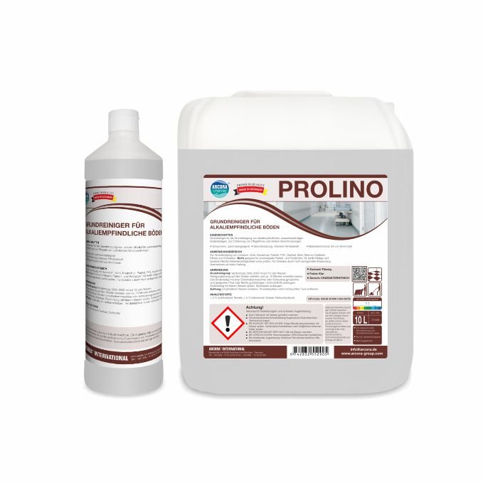 Na zdjęciu znajdują się dwa pojemniki Arcora PROLINO GRUNDREINIGER FÜR ALKALIEMPFINDLICHE BÖDEN firmy Arcora International GmbH: wysoka biała butelka z wąską szyjką oraz większy kanister z uchwytem, oba z etykietami produktu i ostrzeżeniami.