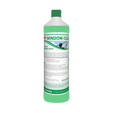 Zielono-biała butelka Arcora WINDOW-CLEAN PROFESSIONELLE FENSTERREINIGER SEIFE od Arcora International GmbH stoi pionowo na prostym białym tle i obiecuje bezsmugowe i skuteczne czyszczenie okien.