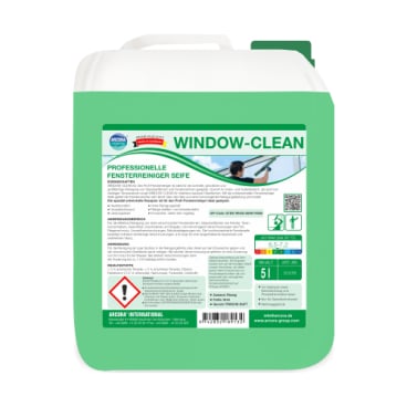 Zielona 5L Arcora WINDOW-CLEAN PROFESSIONELLE FENSTERREINIGER SEIFE od Arcora International GmbH, z niemieckimi etykietami z informacjami o bezpieczeństwie i obrazem czyszczenia okien - idealna do bezsmugowego, profesjonalnego czyszczenia okien.