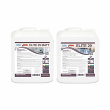 Dwa białe pojemniki o pojemności 5 litrów z napisem "Arcora Elite 29" oferują powłokę podłogową odporną na środki dezynfekujące i alkohol, idealną do użytku wewnętrznego w Arcora International GmbH.