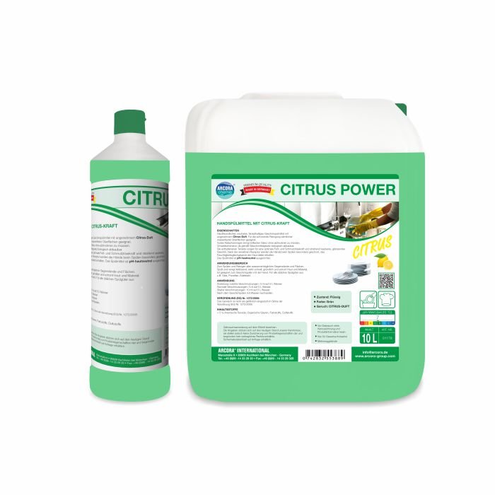 Widać dwa Arcora CITRUS POWER HANDSPÜLMITTEL od Arcora International GmbH: po lewej butelka o pojemności 1 litra z zielonymi akcentami, a po prawej prostokątny kanister o pojemności 10 litrów, oba z napisem do mocnego płukania.