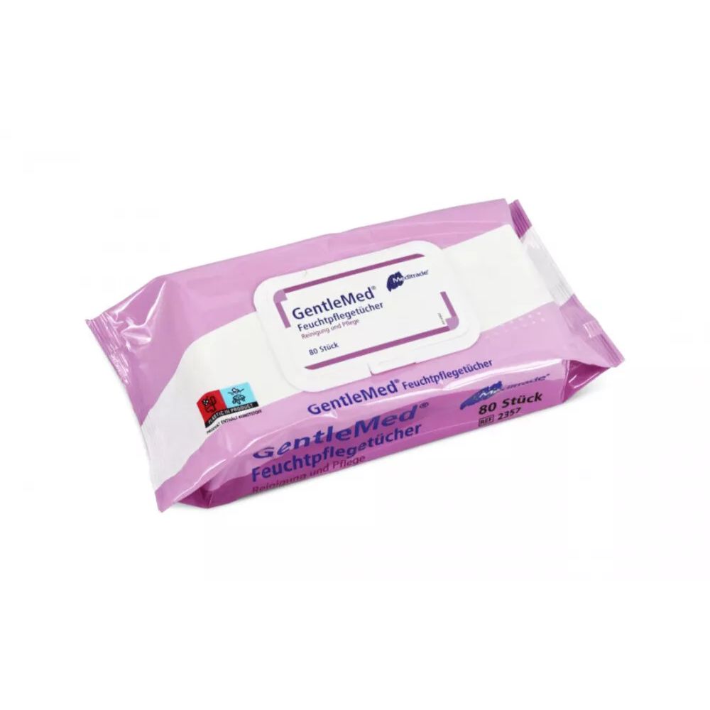 Zamknięte opakowanie chusteczek nawilżających Meditrade Gentle Med® firmy Meditrade GmbH z 80 chusteczkami do pielęgnacji wrażliwej skóry znajduje się w fioletowo-białym opakowaniu z niemieckimi napisami i białą etykietą wielokrotnego zamykania.