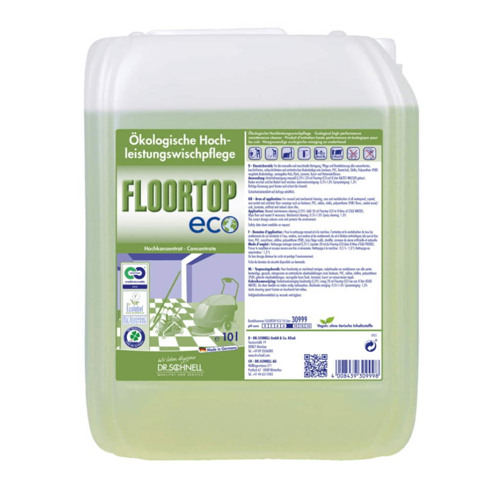 Opakowanie 10-litrowe Dr. Schnell Floortop Eco Koncentratu do czyszczenia podłóg, ekologiczny, wysoko skuteczny od DR.SCHNELL GmbH & Co. KGaA, z niemiecką etykietą i ekosymbolami. Wewnątrz widoczny zielony płyn; idealny do wodoodpornych podłóg.