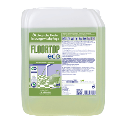 Opakowanie 10-litrowe Dr. Schnell Floortop Eco Koncentratu do czyszczenia podłóg, ekologiczny, wysoko skuteczny od DR.SCHNELL GmbH & Co. KGaA, z niemiecką etykietą i ekosymbolami. Wewnątrz widoczny zielony płyn; idealny do wodoodpornych podłóg.