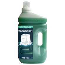 Eine große grüne 3-Liter-Kunststoffflasche der DR.SCHNELL GmbH & Co. KGaA Robolution 2-in-1 Roboter-Reiniger, mit Griff, weißer Kappe und einem Etikett, das eine Strichzeichnung eines Reinigungsroboters und deutsche Produktangaben zeigt.