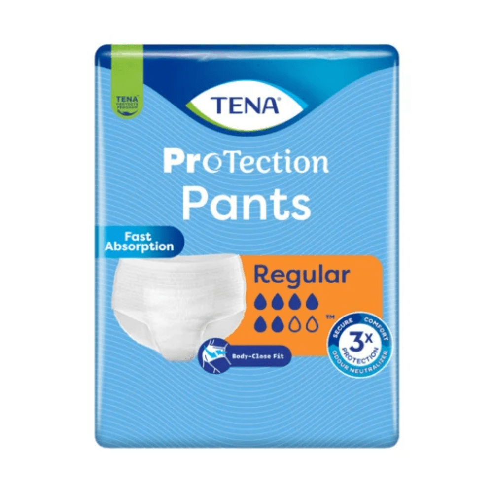TENA - TENA Protection Pants Regular Inkontinenzpants firmy Essity Germany GmbH: szybka absorpcja, dopasowanie do ciała, potrójny komfort, neutralizator zapachów, symbole kropelek dla chłonności. Niebiesko-pomarańczowy design ze zdjęciem produktu i opisem najważniejszych cech.