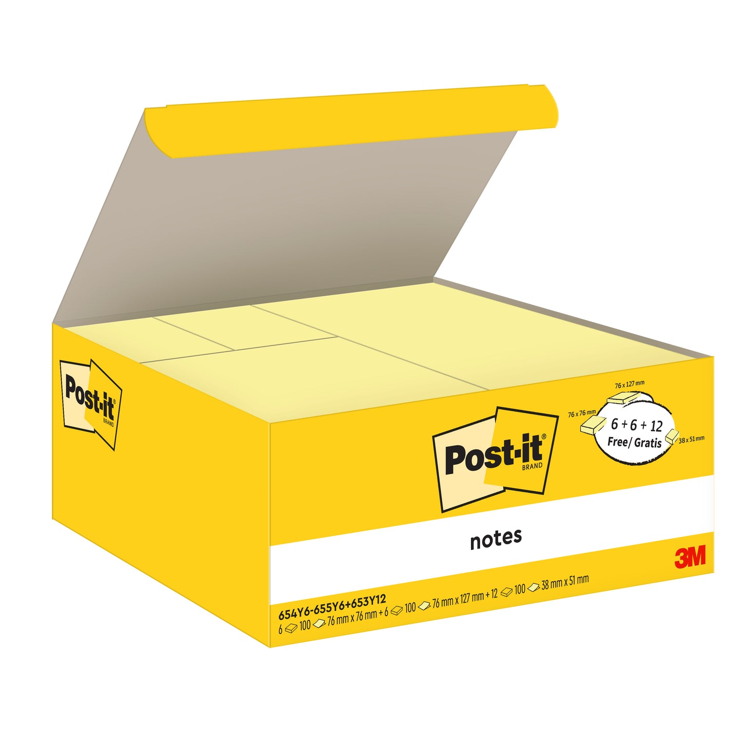Żółte pudełko z karteczkami Post-it® (różne rozmiary) firmy 3M Deutschland GmbH, kartonowe opakowanie z otwartą pokrywą, pokazuje kilka żółtych bloczków. 12 bloków + 12 gratis/opakowanie. Wykonane w 100% z certyfikowanego papieru PEFC.
