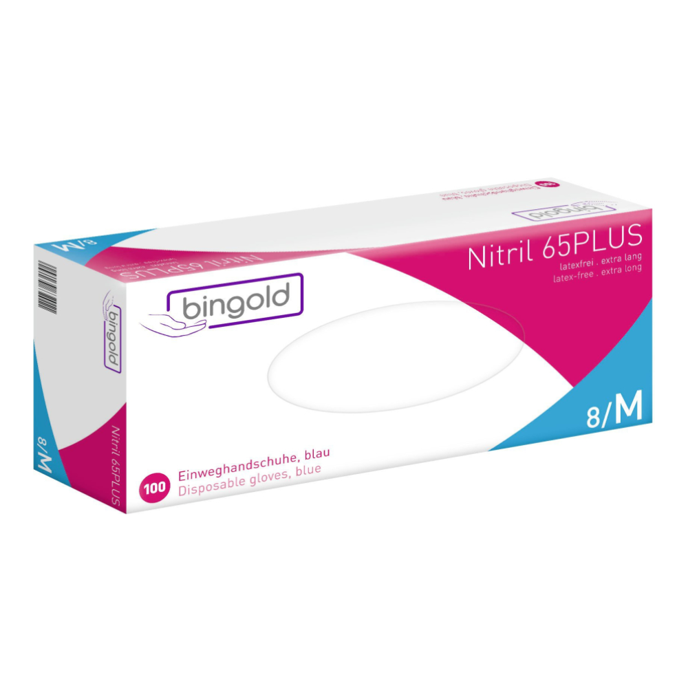 Paczka „Bingold Nitril 65PLUS Rękawiczki, niebieskie” firmy BINGOLD GmbH + Co. KG zawiera 100 ekstra długich, bezlateksowych niebieskich rękawiczek z kauczuku nitrylowo-butadienowego z mikroteksturyzowaną końcówką palca dla lepszego chwytu w rozmiarze 8/M.