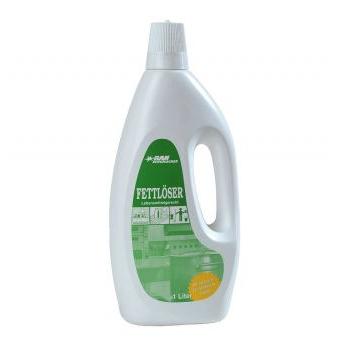 Biała plastikowa butelka o pojemności 1L z napisem "Fettlöser" zawiera GastroPower TK-RAN od Abena Re-Seller GmbH, idealny do zwalczania uporczywych zabrudzeń w gastronomii; dostępna jako karton z 4 butelkami (4*1L).