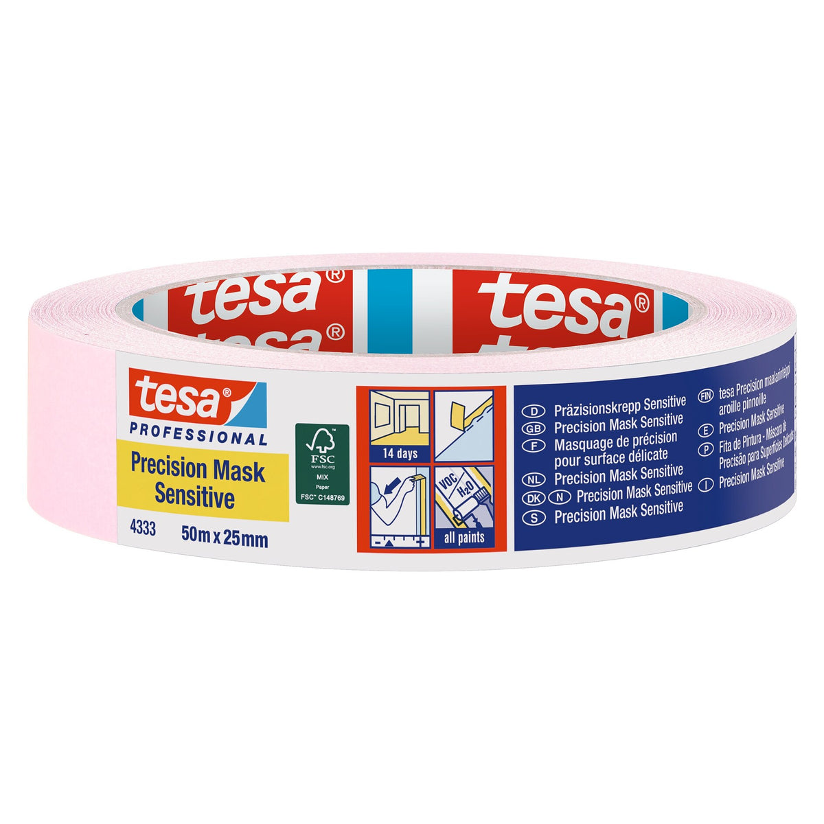 tesa Professional 4333 Präzisionskrepp Sensitive Krepp-Abdeckband, hellrosa 50 m x 25 mm