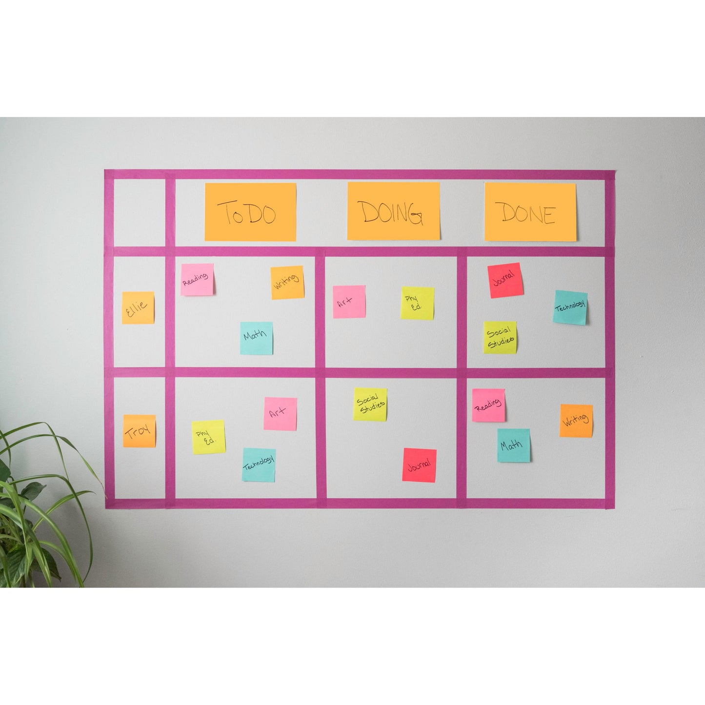 Na zamontowanej na ścianie tablicy Kanban widać kolorowe karteczki Post-it® Super Sticky Notes (76x127mm, 90 arkuszy, 100% PEFC) firmy 3M Deutschland GmbH, oznaczone zadaniami i nazwiskami w kolumnach "Do zrobienia", "W trakcie" i "Zrobione". W lewym dolnym rogu pojawia się zielona roślina.