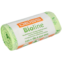 Eine Rolle EMIL DEISS KG (GmbH + Co.) DEISS BIOLINE Müllbeutel, Biofolie, 10 L, Natur, 220+180x550x0,018 mm (20 Beutel), in grüner Verpackung mit mehrsprachiger Beschriftung.