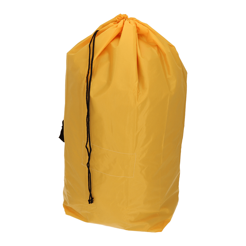 Duży żółty worek na śmieci EMIL DEISS KG (GmbH + Co.) DEISS 6507 wielokrotnego użytku 700x1100 mm, opakowanie (1 sztuka), stoi pionowo z czarnymi sznurkami i małą naszywką z przodu, idealny do ekologicznej utylizacji odpadów.