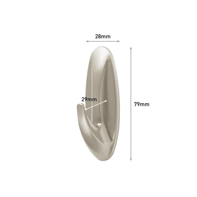 Wieszak Command™ Medium Designer w metalicznym wyglądzie od 3M Deutschland GmbH (17081BN) jest przedstawiony. Wymiary: 28 mm szerokości, 29 mm głębokości, 79 mm wysokości - oznaczone strzałkami i tekstem.