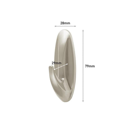 Wieszak Command™ Medium Designer w metalicznym wyglądzie od 3M Deutschland GmbH (17081BN) jest przedstawiony. Wymiary: 28 mm szerokości, 29 mm głębokości, 79 mm wysokości - oznaczone strzałkami i tekstem.