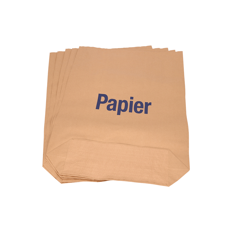 Stos brązowych papierowych worków EMIL DEISS KG DEISS 7004 (70x95+20 cm, 70 g/m², 2-krotne wiązanie, 25 sztuk) z niebieskim napisem "Papier" na przedniej stronie, idealny do zastosowań przemysłowych lub jako ekologiczne worki na śmieci w systemach odpadów.