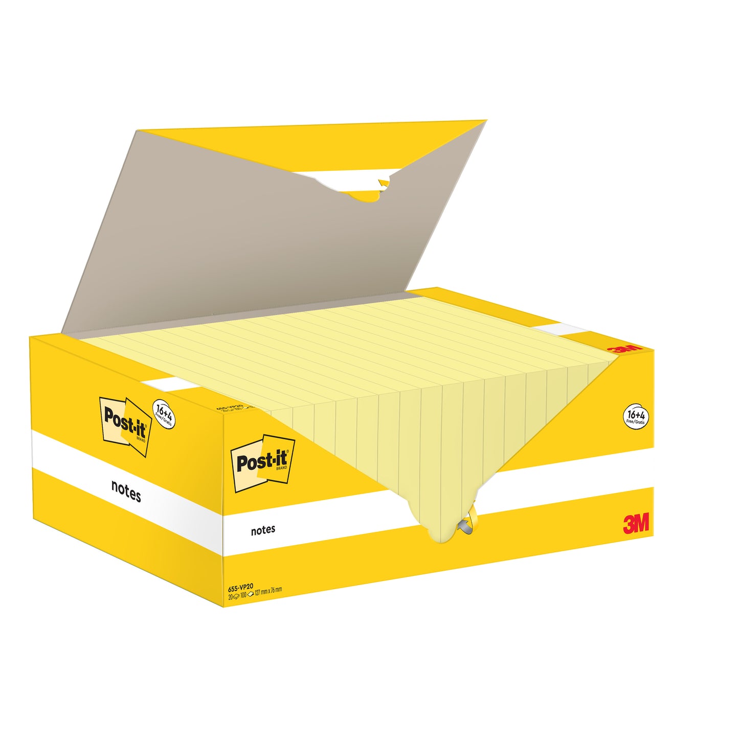 Żółte pudełko z karteczkami Post-it® Notes (76 x 127 mm) od 3M Deutschland GmbH zawiera 16 bloków plus 4 darmowe bloki, każdy z 100 żółtymi kartkami. Certyfikowane 100% PEFC, idealne do artykułów biurowych i notatek w pracy lub w domu. Opakowanie: 1 sztuka.