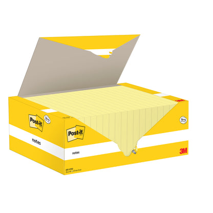 Żółte pudełko z karteczkami Post-it® Notes (76 x 127 mm) od 3M Deutschland GmbH zawiera 16 bloków plus 4 darmowe bloki, każdy z 100 żółtymi kartkami. Certyfikowane 100% PEFC, idealne do artykułów biurowych i notatek w pracy lub w domu. Opakowanie: 1 sztuka.
