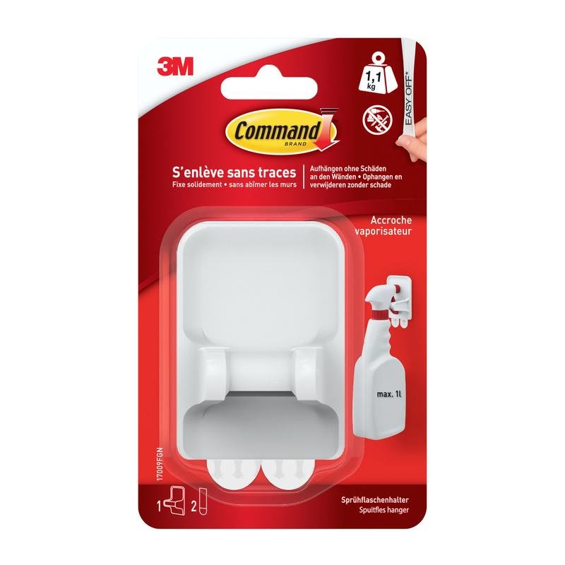 Wieszak na butelki w sprayu Command™ 17009 firmy 3M Deutschland GmbH jest zapakowany w czerwono-białe opakowanie z francuskim tekstem, obrazem butelki w sprayu i reklamuje ten oszczędzający miejsce wieszak z paskiem klejącym.