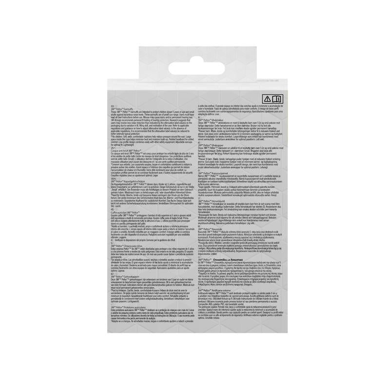 Zdjęcie przedstawia tył opakowania ochronników słuchu 3M™ PELTOR™ dla dzieci firmy 3M Deutschland GmbH z instrukcjami, ostrzeżeniami i szczegółami produktu w kilku językach na białym tle z subtelnym geometrycznym wzorem. Nie widać żadnego brandingu ani nazwy produktu.