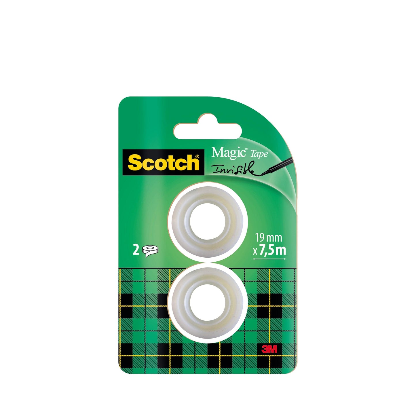 Die 3M Scotch® Magic™ Unsichtbares Klebeband Nachfüllpackung enthält zwei Rollen (je 19 mm x 7,5 m) in grüner Verpackung.