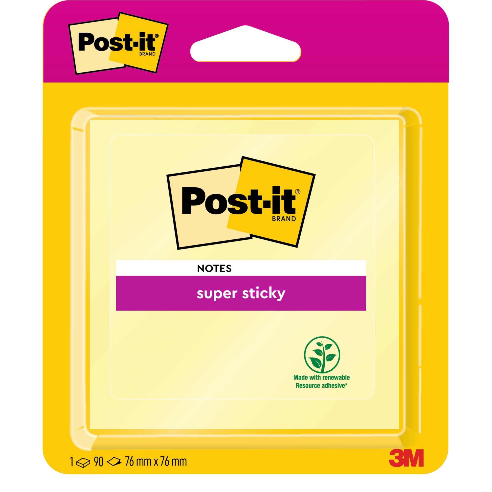 Eine Packung Post-it® Super Sticky Notes, gelb, 76 x 76 mm, 90 Blatt pro Packung, von 3M Deutschland GmbH. Mit dem Post-it Markenlogo und einem Klebstoff aus nachwachsenden Rohstoffen (100% PEFC-zertifiziert).