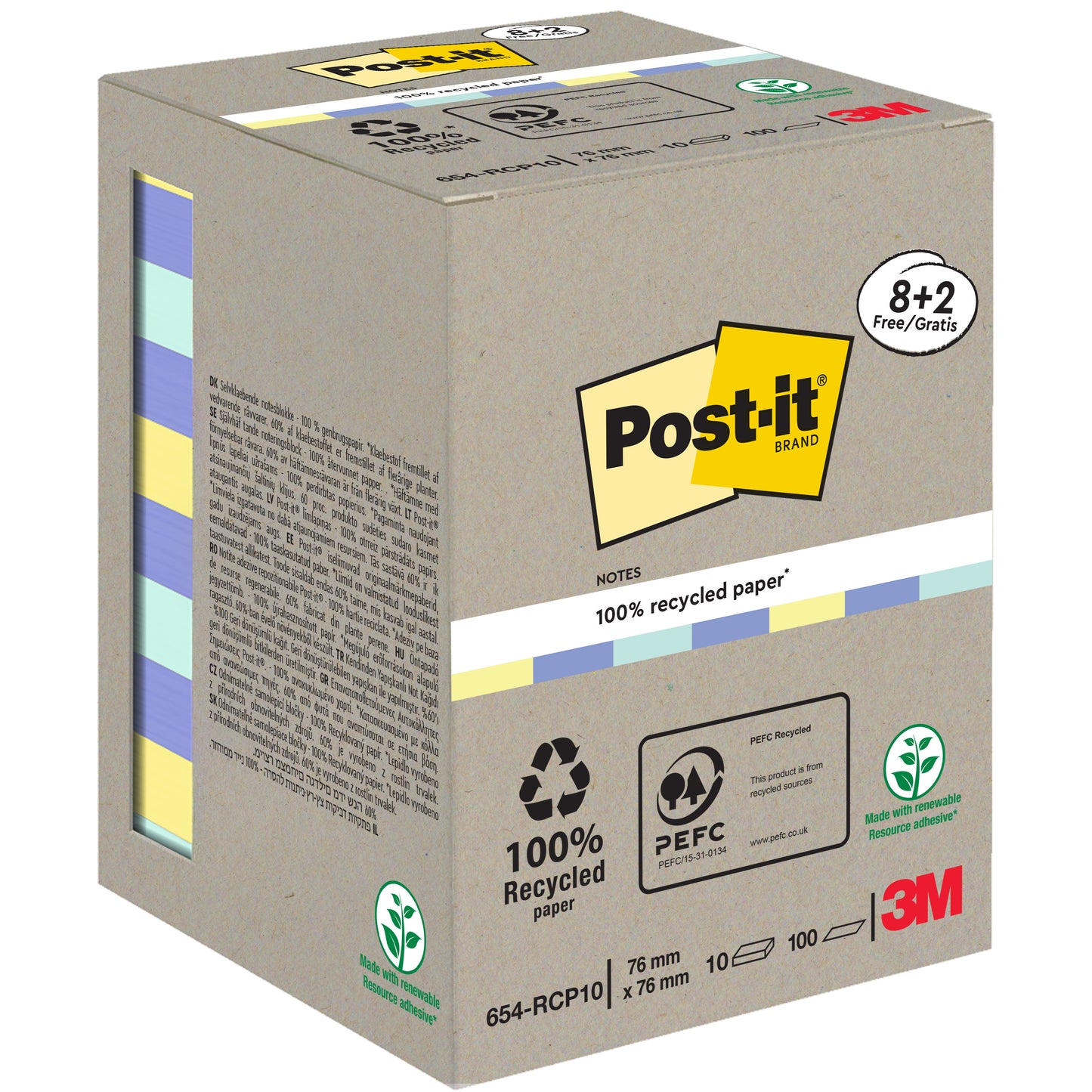 Post-it® Recycling Notes firmy 3M Deutschland GmbH, rozmiar 76x76 mm, z papieru w 100% certyfikowanego przez PEFC, opakowanie promocyjne z 10 blokami po 100 kartek. Pudełko z symbolami recyklingu i certyfikatami ekologicznymi.