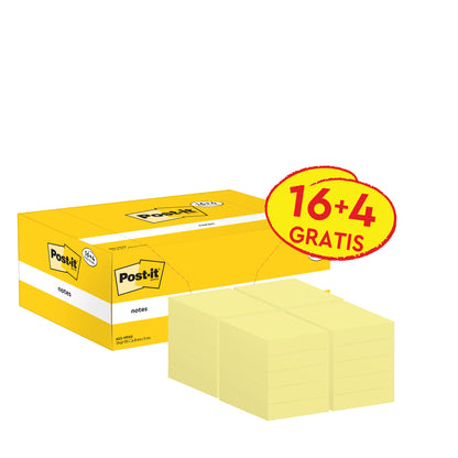 Żółty pakiet promocyjny karteczek samoprzylepnych Post-it® (3M Deutschland GmbH), 38x51mm, 100 kartek/blok, zawiera 16 bloków plus 4 gratis (16+4 GRATIS). Zawiera ikoniczne logo Post-it; karteczki są certyfikowane PEFC (SGSCH-PEFC-COC-110078).