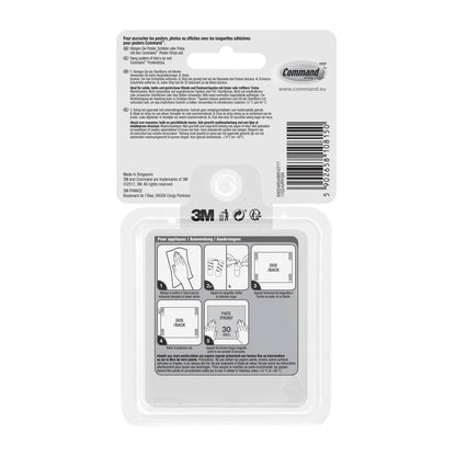 Na odwrocie Command™ Poster-Strips z opakowania zbiorczego, 17024-VP od 3M Deutschland GmbH znajduje się instrukcja w języku francuskim, niderlandzkim i niemieckim, kod kreskowy, loga 3M i Command oraz ilustrowane kroki do mocowania bez wiercenia.