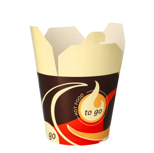 Pojedynczy prostokątny pojemnik na wynos (750 ml) z serii Starpak Snackboxów „To Go” stoi pionowo na białym tle i ma kolorowy wzór z napisem „Hot Food to Go” na przedniej stronie – idealny do transportu ulubionych dań.