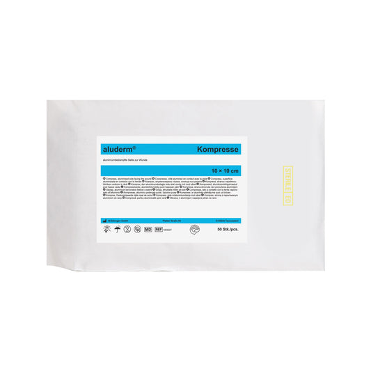 Kompresy aluderm® – 50 sztuk w sterylnym opakowaniu, 10 x 10 cm